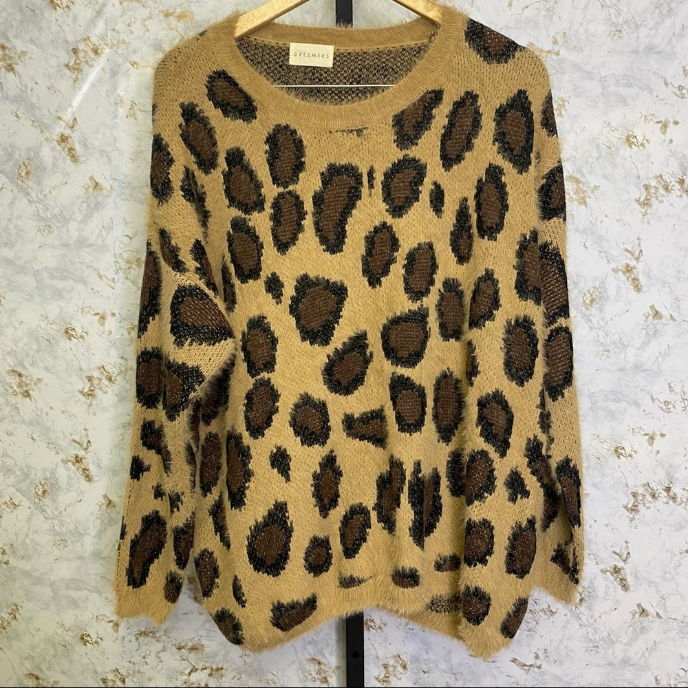 Dreamers Fuzzy Oversized Cheetah Print Crew Neck Sweater